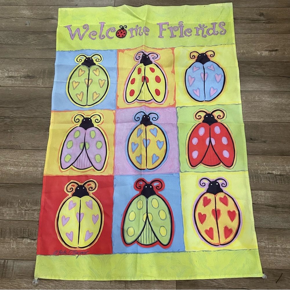 Evergreen Ladybug Pop WELCOME FRIENDS Decorative Flag 29 x 43 Signed